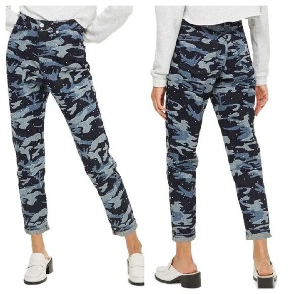 Topshop NEW Moto Mom Jeans High Waisted Jewel Studs Camo Diamante Denim Women's - Picture 4 of 17